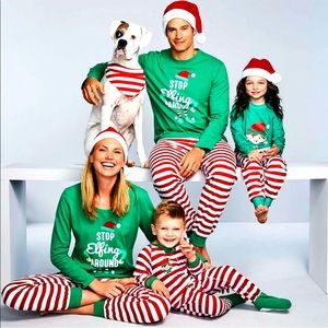 Christmas Family Matching Pajamas Stop Elfing Around Green Red Stripes Holiday